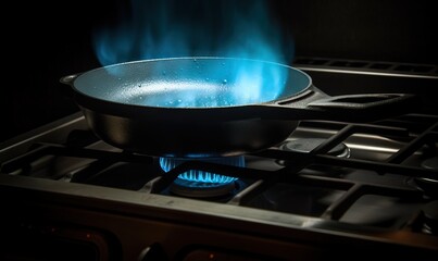  a pan on a gas stove with blue flames coming out of it.  generative ai