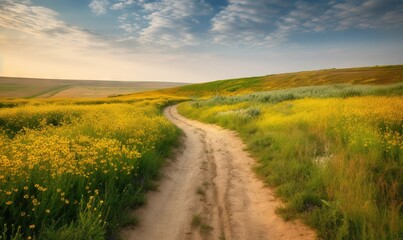  a dirt road going through a lush green field with yellow flowers.  generative ai