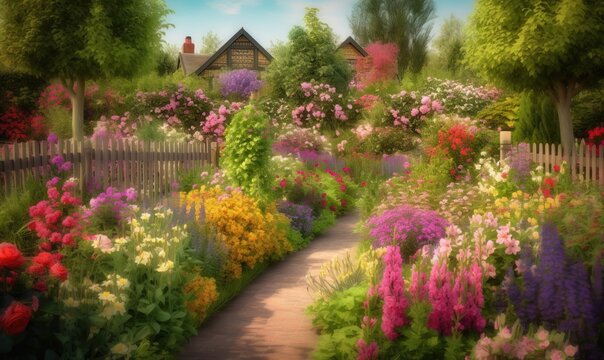  a painting of a garden with flowers and a house in the background.  generative ai