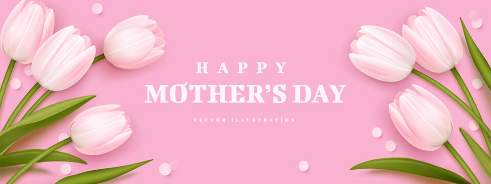 Mother's day greeting background with realistic tulips. Vector illustration for poster, brochures, booklets, promotional materials, website