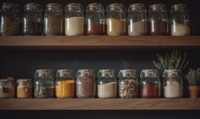  a shelf filled with jars filled with different types of spices.  generative ai