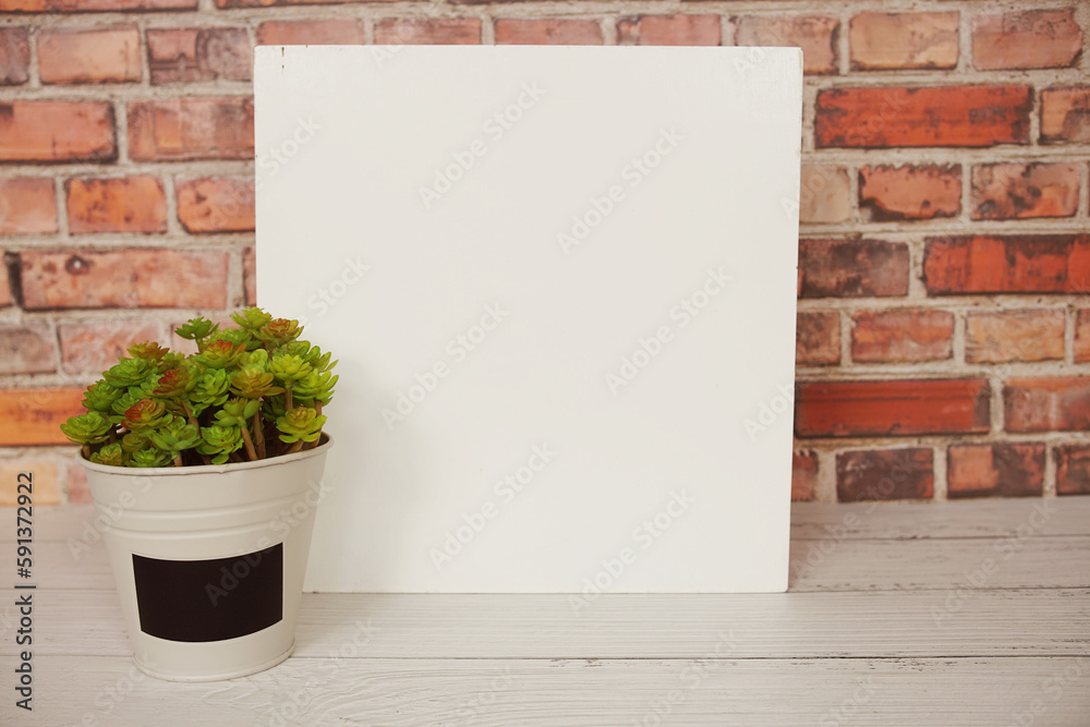 Poster Empty card mockup with artificial plant on blue and wooden background