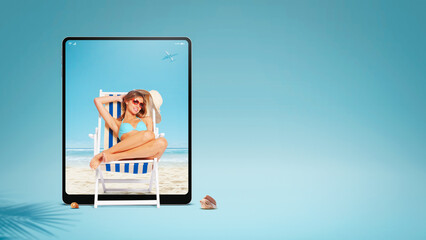 Woman sunbathing and beach on tablet screen