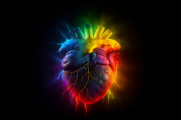 Rainbow Colored Human Heart Shape With Energy Bolts, Made Using Generative Ai