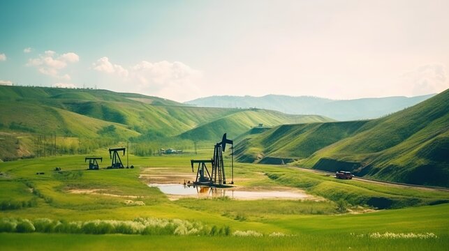 Oil pump on on hills landscape. Oil pumps. Generative AI