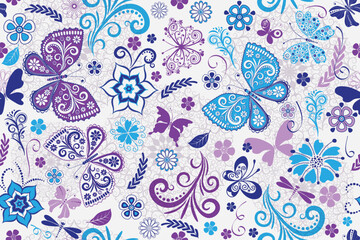 Vector seamless spring delicate white pattern with openwork butterflies and flowers - obrazy, fototapety, plakaty