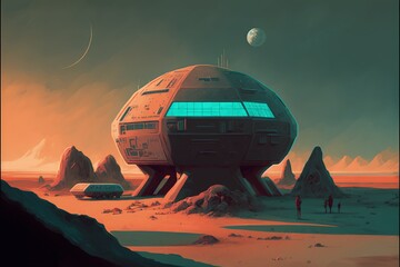 Fototapeta na wymiar Futuristic colony on exoplanet with colossal constructions depicted in digital artwork. Fantasy concept , Illustration painting. Generative AI