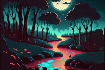 Nighttime scenery featuring liquefying moon creating luminescent river. Fantasy concept , Illustration painting. Generative AI