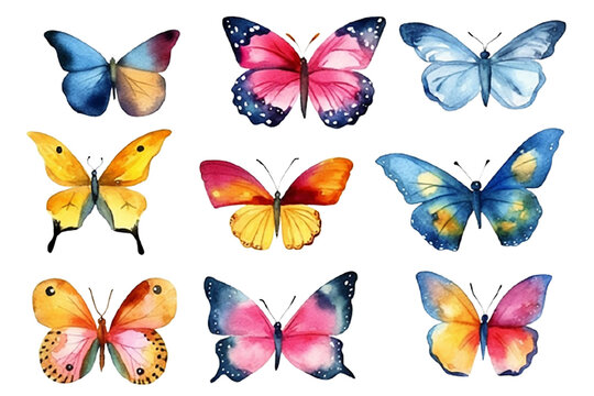 Watercolor Colorful Butterflies Isolated on Transparent Background: A Delicate and Vibrant Image for Your Creative Designs PNG, watercolor, colorful butterflies, isolated, transparent background,