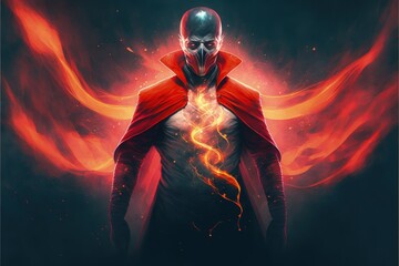 Fototapeta na wymiar Man donning crimson mask standing with flames and fumes emanating from his chest. Fantasy concept , Illustration painting. Generative AI