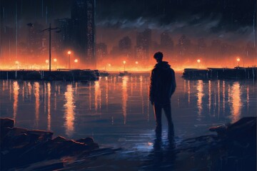Fototapeta premium Nocturnal view of man standing in submerged city. Fantasy concept , Illustration painting. Generative AI