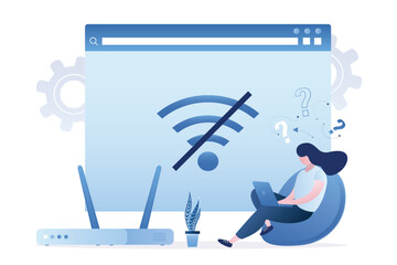 Urer without internet connection, wifi unavailable, wi-fi has no internet. Business woman uses laptop and confused because there is no wifi signal. Problems with router or network. - obrazy, fototapety, plakaty