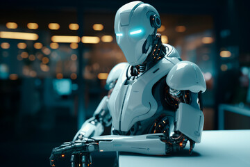 Artificial intelligence robot android employee white at desk in modern corporate business office building. Generative AI