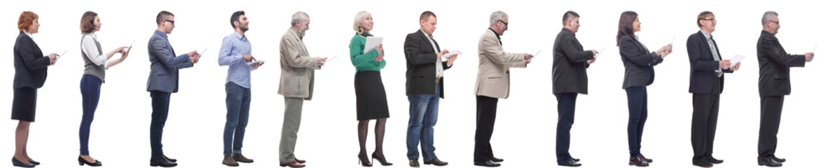 Fototapeta premium group of people holding tablet and looking ahead