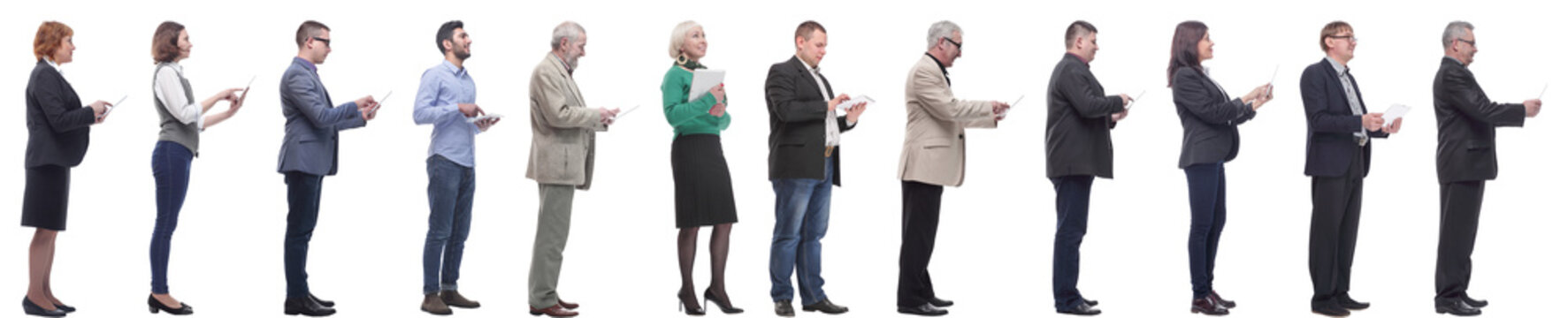 Group Of People Holding Tablet And Looking Ahead