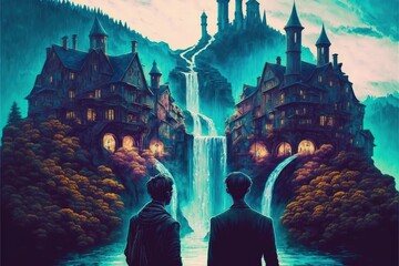 Two men standing on bridge admiring fantasy village with cascading water. Fantasy concept , Illustration painting. Generative AI