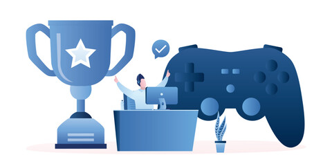 Lucky gamer won winner cup. Winning an esports tournament. Gamification, marketing strategy for customer to achieve target and win prize. Happy man uses computer and big game joystick.
