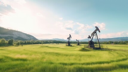 Fototapeta premium Working oil pumps in mountains. Natural resources industry. Oil rig. Generative AI