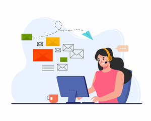 business women sit on computer laptop and check emails or send. Newsletter in mailbox. E-mail marketing.