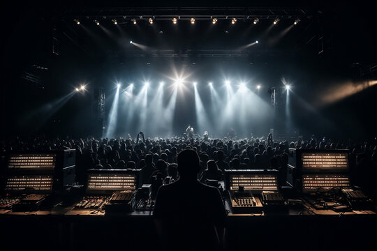 Massive Sound System With Many Reproductors Glowing On Concert Stage, Made Using Generative Ai