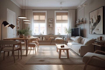 Modern wooden living room. Zen-style interior. Generative AI.