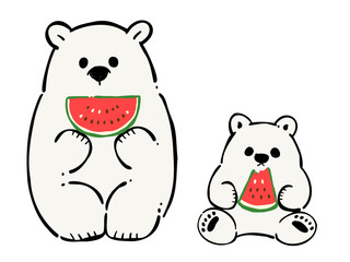 スイカを食べるシロクマの親子