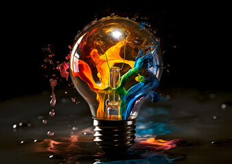 Light bulb explodes with colorful paint and splashes creative on a dark background. Think differently creative idea concept - obrazy, fototapety, plakaty