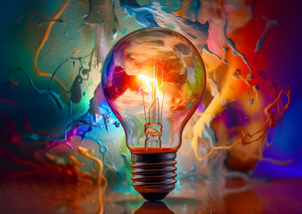 Light bulb explodes with colorful paint and splashes creative on a dark background. Think differently creative idea concept