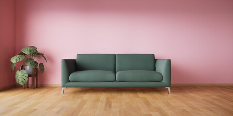 canapé vert dans une salle, avec un parquet en bois et un mur rose en arrière plan, illustration rendu 3d