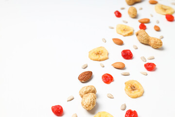 Tasty food concept - delicious dried fruits, space for text