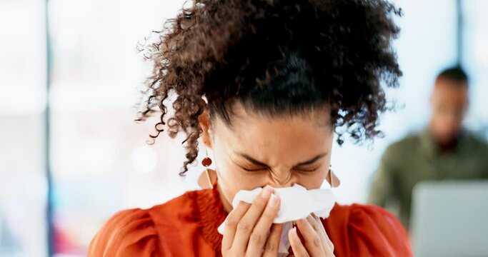 Business woman, sneeze and blowing nose with allergies, sick with virus or sinus problem while working at office. Corporate female, allergy and hayfever with health issue, cold or flu with illness