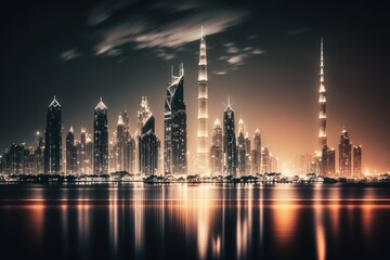 Obraz premium bustling metropolis at night with towering skyscrapers and bright lights. Generative AI