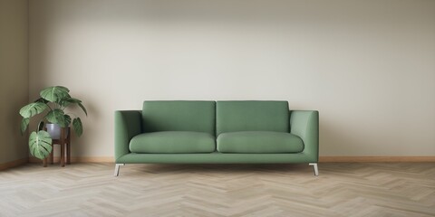 canapé vert dans une salle, avec un parquet en bois et un mur en arrière plan, illustration rendu 3d