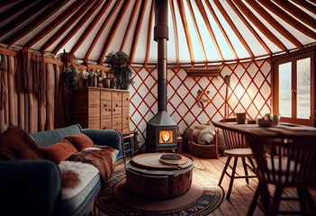 Gardinen Beautiful interior of yurt with hearth of windows and furniture. Generative AI © Mother