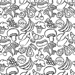 Naklejka premium Seamless food pattern. Doodle vector food illustration. Hand-drawn food background
