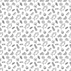 Naklejka premium Seamless food pattern. Doodle vector food illustration. Hand-drawn food background