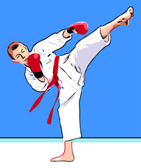 The sportsman in a kimono with a red belt does a high kick	
