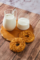 cookies with peanuts, milk in a glass 