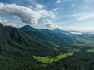 Beautiful aerial view to green atlantic forest mountains and clouds