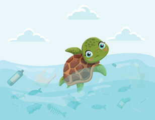 Turtle in water with garbage. Animal in ocean with garbage, polluted sea. Motivational poster or banner. Reducing emission of hazardous waste and caring for nature. Cartoon flat vector illustration