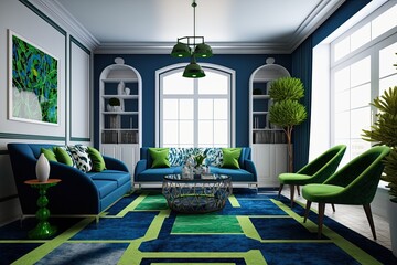 modern living room with blue couches and green chairs. Generative AI