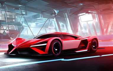 Fototapeta premium Electric supercar in futuristic city, fantastic sci fi modern sports car design. Generative Ai.