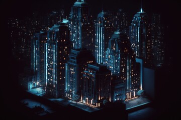 bustling cityscape illuminated by night lights viewed from above. Generative AI