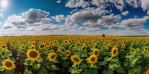 Panoramic field of sunflowers with blue sky on sunny day. Generative AI