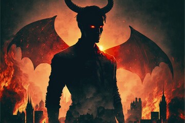 Malevolent demon standing atop the ruins amidst the blazing city. Fantasy concept , Illustration painting. Generative AI