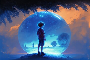 Fototapeta na wymiar Imaginative scenery of a boy standing under a tree with a glowing orb hovering above. Fantasy concept , Illustration painting. Generative AI