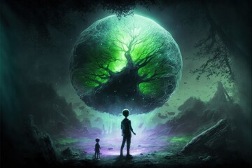 Imaginative scenery of a boy standing under a tree with a glowing orb hovering above. Fantasy concept , Illustration painting. Generative AI