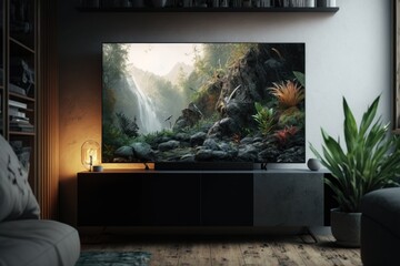 modern living room with a sleek television mounted on the wall. Generative AI