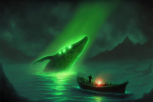A mesmerizing fantasy scenario of a man on a boat, observing the jumping, luminescent, green whale in the sea. Fantasy concept , Illustration painting. Generative AI