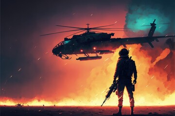 A man holding a rocket launcher amidst a burning helicopter crash. Fantasy concept , Illustration painting. Generative AI